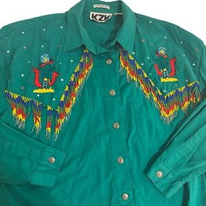 KZK Southwestern Beaded Fringe Cactus Shirt Womens L Green Metal Buttons Vintage